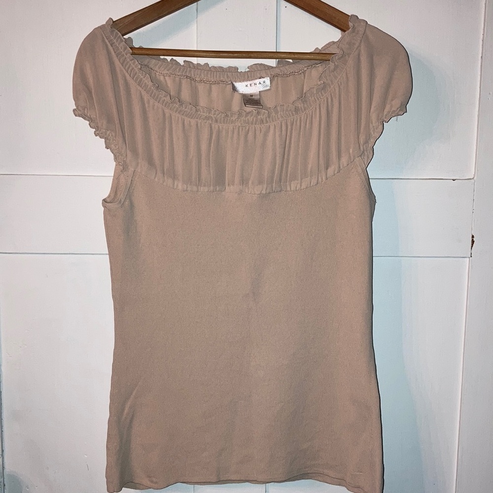 Kenar Blush Tan Ruffled Neck Cap Sleeve Top
